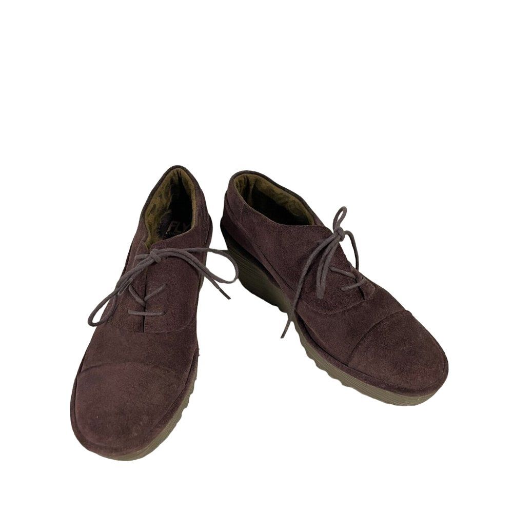 FLY London Women's Suede Wedges Size 39 Lace Up Eggplant Purple US‎ Size 8/8.5